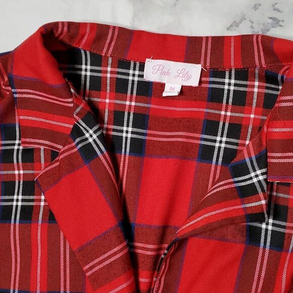 Pink Lily Black & Red Plaid Button Front Sleep Shirt - Picture 2 of 7